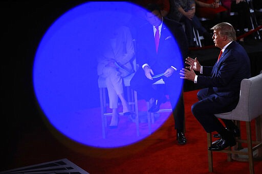 President Donald Trump speaks during a FOX News Channel Town Hall, co-moderated by FNC's chief political anchor Bret Baier of Special Report and The Story anchor Martha MacCallum, in Scranton, Pa., Thursday, March 5, 2020. (AP Photo/Matt Rourke)