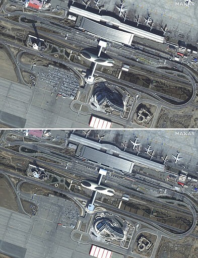 This combination of satellite images provided by Maxar Technologies shows Imam Khomeini International Airport in Tehran, Iran on Jan. 11, 2020, top, and on Feb. 29, 2020.  Iran has one of the highest death tolls in the world from the new coronavirus outside of China, the epicenter of the outbreak. (Satellite image &Copy;2020 Maxar Technologies via AP)