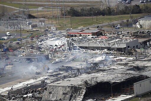 President Donald Trump flies over and sees damage after a recent tornado, Friday, March 6, 2020, taken in flight over Cookeville, Tenn. (AP Photo/Alex Brandon)