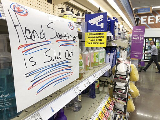 Hand sanitizer is sold out at a grocery store Thursday, March 5, 2020, in Nashville, Tenn. Tennessee has confirmed its first case of the new coronavirus, state Department of Health Commissioner Lisa Piercey announced in a Thursday morning news conference. The announcement came two days after deadly tornadoes went through the area, increasing the demand for sanitation supplies. (AP Photo/Mark Humphrey)