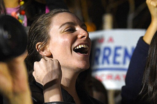 Kaitlin Cornuelle, 29, listens to Democratic presidential candidate Sen. Elizabeth Warren, D-Mass., speaks to supporters Monday, March 2, 2020, in the Monterey Park section of Los Angeles. (AP Photo/Mark J. Terrill)