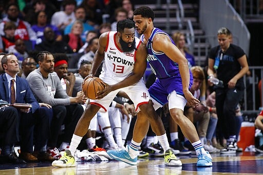 Houston Rockets guard James Harden, left, looks for room to operate against Charlotte Hornets forward Miles Bridges during the first half of an NBA basketball game in Charlotte, N.C., Saturday, March 7, 2020. (AP Photo/Nell Redmond)