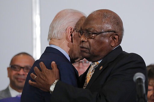 House Majority Whip, Rep. Jim Clyburn, D-S.C., greets Democratic presidential candidate former Vice President Joe Biden, as he endorses him in North Charleston, S.C., Wednesday, Feb. 26, 2020. (AP Photo/Gerald Herbert)