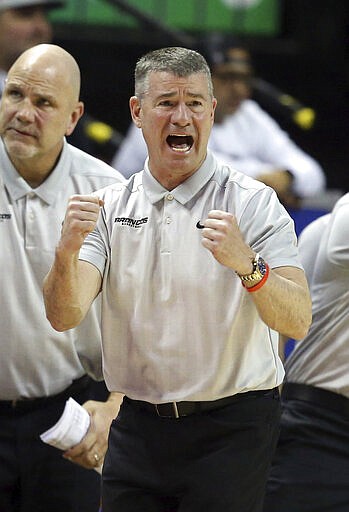 Boise State coach Leon Rice reacts during the second half of the team's NCAA college basketball game against San Diego State in the Mountain West Conference men's tournament Friday, March 6, 2020, in Las Vegas. (AP Photo/Isaac Brekken)