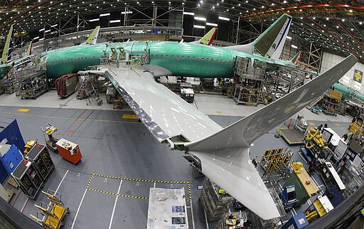 FILE - In this Wednesday, March 27, 2019 file photo taken with a fish-eye lens, a Boeing 737 MAX 8 airplane sits on the assembly line during a brief media tour in Boeing's 737 assembly facility, in Renton, Wash. When air safety investigators release an interim report on the crash of an Ethiopian Airlines Boeing 737 Max sometime before Tuesday, March 10, 2020, the one-year anniversary of the crash, they are likely to place the blame on the jet's automated flight control system as well as on the pilots and their training, but it's unclear yet which side will bear the brunt. (AP Photo/Ted S. Warren, File)