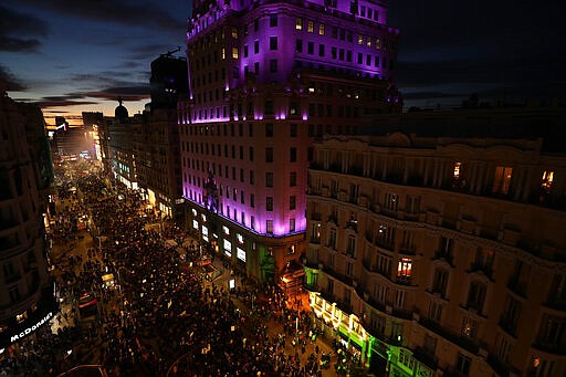 Participants gather for a rally to mark International Women's Day in Madrid, Spain, Sunday, March 8, 2020. Thousands of women are marching in Madrid and other Spanish cities as part of International Women's Day. (AP Photo/Manu Fernandez)