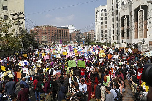 Pakistani activists take part in an International Women's Day rally in Lahore, Pakistan, Sunday, March 8, 2020. Pakistanis held rallies across the country. Officially recognized by the United Nations in 1977, it is celebrated around the world on March 8. (AP Photo/K.M. Chaudhry)