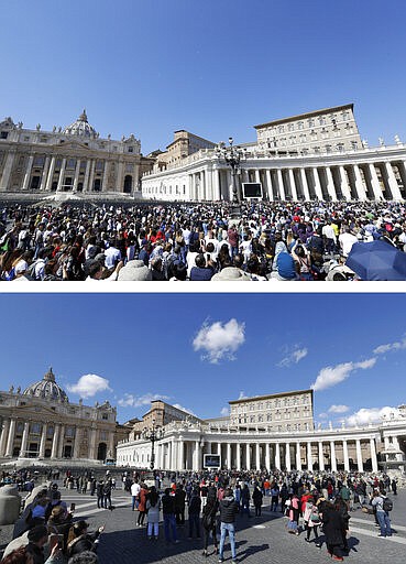 This combined photo shows at top, faithful crowding St. Peter's Square during Pope Francis' Angelus prayer where he is seen at the window of the Apostolic Palace at top right, on March 24, 2019, and fewer faithful gathering in St. Peter's Square to follow Pope Francis' Angelus prayer broadcast on a giant screen in an extraordinary measure aimed at discouraging crowds because of the spread of COVID-19, a coronavirus, at the Vatican, on Sunday, March 8, 2020. The measure, which was announced on Saturday, was aimed at discouraging crowds from gathering in the square, where on days with good weather like this Sunday as many as 40,000 people can turn out to watch the pope in the window. (AP Photo/Andrew Medichini)