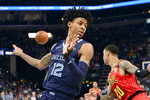 Memphis Grizzlies guard Ja Morant (12) passes the ball behind his back ahead of Atlanta Hawks forward John Collins (20) in the second half of an NBA basketball game Saturday, March 7, 2020, in Memphis, Tenn. (AP Photo/Brandon Dill)