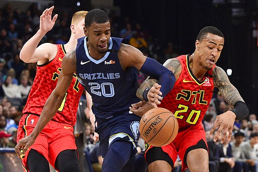 Memphis Grizzlies guard Josh Jackson, front left, and Atlanta Hawks forward John Collins, right, in the second half of an NBA basketball game Saturday, March 7, 2020, in Memphis, Tenn. (AP Photo/Brandon Dill)