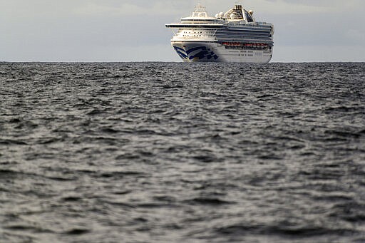 Carrying multiple people who have tested positive for COVID-19, the Grand Princess maintains a holding pattern about 30 miles off the coast of San Francisco, Sunday, March 8, 2020. The cruise ship is scheduled to dock at the Port of Oakland on Monday. (AP Photo/Noah Berger)