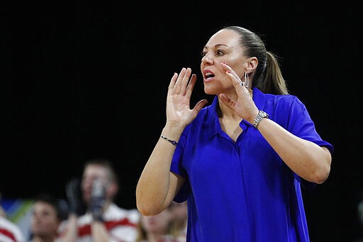 Arizona's head coach Adia Barnes motions to her players during the second half of an NCAA college basketball game against Oregon in the semifinal round of the Pac-12 women's tournament Saturday, March 7, 2020, in Las Vegas. (AP Photo/John Locher)