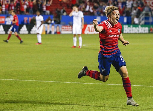 FC Dallas midfielder Paxton Pomykal (19) celebrates a goal against the Philadelphia Union during the second half of an MLS soccer match Saturday, Feb. 29, 2020, in Frisco, Texas. (Ryan Michalesko/The Dallas Morning News via AP)