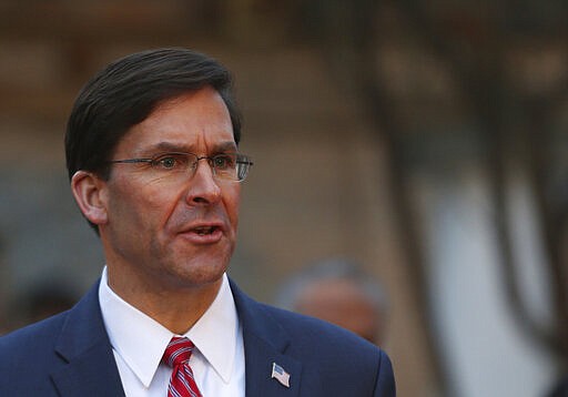 U.S. Secretary of Defense Mark Esper, speaks during a joint news conference in presidential palace in Kabul, Afghanistan, Saturday, Feb. 29, 2020.  The U.S. signed a peace agreement with Taliban militants on Saturday, aimed at bringing an end to 18 years of bloodshed in Afghanistan and allowing U.S. troops to return home from America's longest war.  (AP Photo/Rahmat Gul)