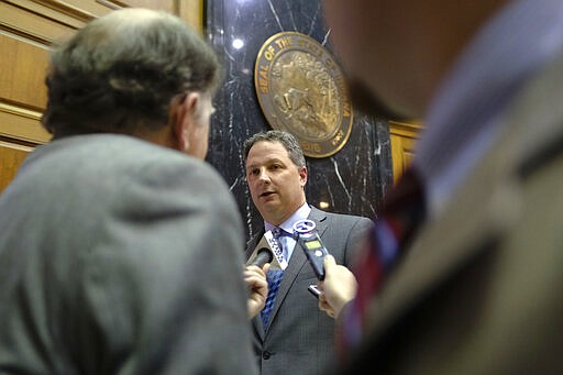 Speaker of the House Todd Huston, R-Fishers, speaks with the media after being sworn in at the Statehouse in Indianapolis, Monday, March 9, 2020.(AP Photo/AJ Mast)