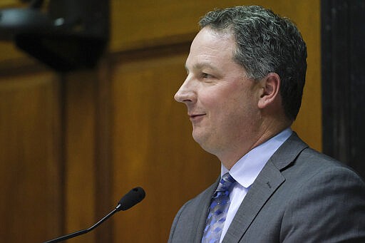 Speaker of House the Todd Huston, R-Fishers, addresses the House Chamber after being sworn in at the Statehouse in Indianapolis, Monday, March 9, 2020.(AP Photo/AJ Mast)