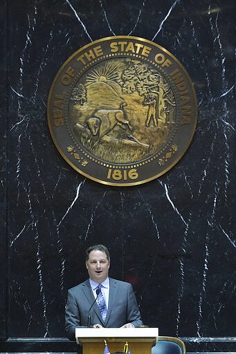 Speaker of the House Todd Huston, R-Fishers, addresses the House Chamber after being sworn in at the Statehouse in Indianapolis, Monday, March 9, 2020.(AP Photo/AJ Mast)