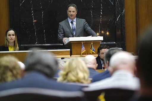 Speaker of the House Todd Huston, R-Fishers, addresses the House Chamber after being sworn in at the Statehouse in Indianapolis, Monday, March 9, 2020.(AP Photo/AJ Mast)