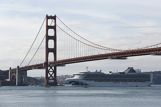 The Grand Princess cruise ship passes beneath the Golden Gate Bridge in this view from Sausalito, Calif., Monday, March 9, 2020.  The cruise ship carrying over a dozen people infected with the coronavirus passed under the bridge as federal and state officials in California prepared to receive thousands of people on the ship that has been idling off the coast of San Francisco.  (AP Photo/Eric Risberg)