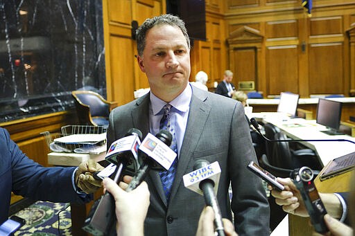 Speaker of the House Todd Huston, R-Fishers, speaks with the media after being sworn in at the Statehouse in Indianapolis, Monday, March 9, 2020.(AP Photo/AJ Mast)