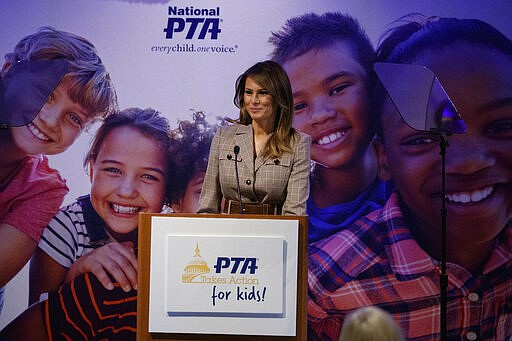 First lady Melania Trump pauses as she speaks at the at the National PTA Legislative Conference in Alexandria, Va., Tuesday, March, 10, 2020. (AP Photo/Carolyn Kaster)