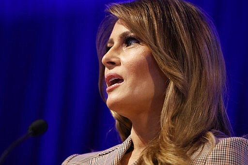 First lady Melania Trump speaks at the at the National PTA Legislative Conference in Alexandria, Va., Tuesday, March, 10, 2020. (AP Photo/Carolyn Kaster)