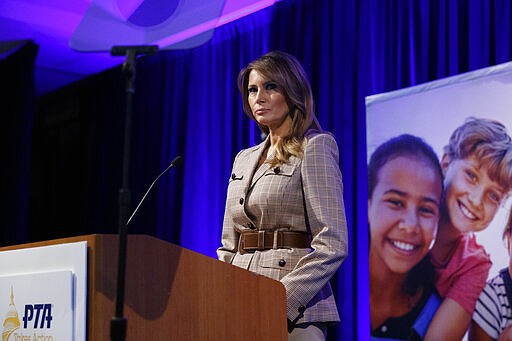 First lady Melania Trump pauses as she speaks at the at the National PTA Legislative Conference in Alexandria, Va., Tuesday, March, 10, 2020. (AP Photo/Carolyn Kaster)