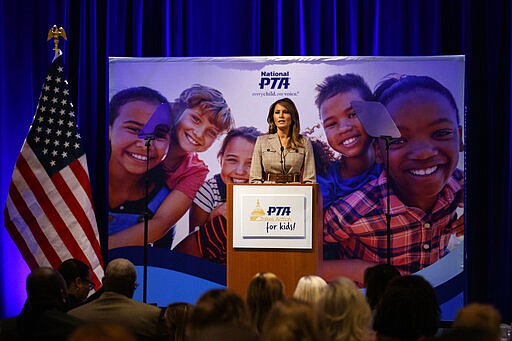 First lady Melania Trump speaks at the at the National PTA Legislative Conference in Alexandria, Va., Tuesday, March, 10, 2020. (AP Photo/Carolyn Kaster)