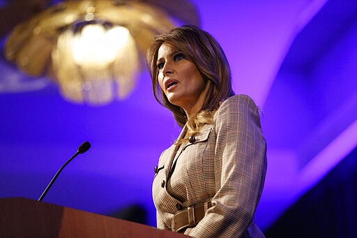 First lady Melania Trump speaks at the at the National PTA Legislative Conference in Alexandria, Va., Tuesday, March, 10, 2020. (AP Photo/Carolyn Kaster)