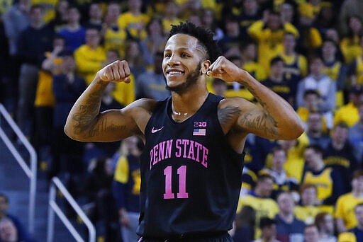 FILE - In this Jan. 22, 2020, file photo, Penn State forward Lamar Stevens reacts to a basket against Michigan in the first half of an NCAA college basketball game in Ann Arbor, Mich. Stevens was selected to the Associated Press All-Big Ten team selected Tuesday, March 10, 2020. (AP Photo/Paul Sancya, File)