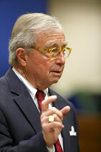 Defense attorney Dick DeGuerin makes his opening statements in the real estate heir Robert Durst murder trial in Los Angeles, Tuesday, March 10, 2020.  Durst is on trial for the 2000 killing of Susan Berman. (AP Photo/Alex Gallardo/Pool)