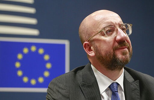 European Council President Charles Michel participates in a videoconference call with EU leaders at the European Council building in Brussels, Tuesday, March 10, 2020. EU leaders held a videoconference Tuesday to coordinate efforts across the 27-nation bloc in the hopes of slowing down the spread of the coronavirus. For most people, the new coronavirus causes only mild or moderate symptoms, such as fever and cough. For some, especially older adults and people with existing health problems, it can cause more severe illness, including pneumonia. (Stephanie Lecocq, Pool Photo via AP)