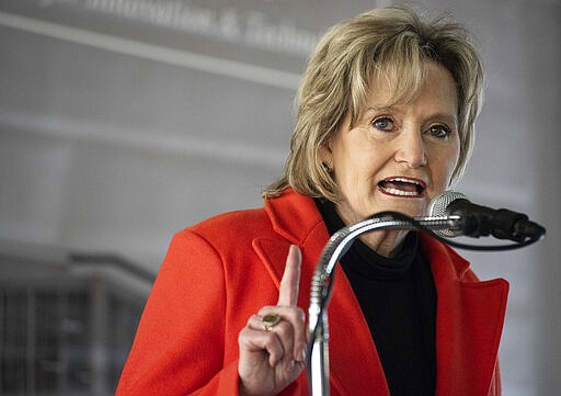 U.S. Sen. Cindy Hyde-Smith, R-Miss., speaks during the Sen. Thad Cochran Mississippi Center for Innovation &amp; Technology (MCITy) dedication ceremony in Vicksburg, Miss., Friday, Feb. 21, 2020. (Courtland Wells/The Vicksburg Post via AP)