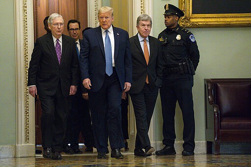 President Donald Trump walks with Senate Majority Leader Mitch McConnell of Ky., to a meeting with lawmakers on Capitol Hill, Tuesday, March 10, 2020, in Washington. (AP Photo/Evan Vucci)