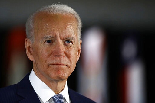 Democratic presidential candidate former Vice President Joe Biden speaks to members of the press at the National Constitution Center in Philadelphia, Tuesday, March 10, 2020. (AP Photo/Matt Rourke)