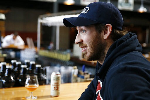 In this March 9, 2020, photo, Philadelphia Flyers' Kevin Hayes speaks during an interview with The Associated Press at Yards Brewing Company, in Philadelphia. (AP Photo/Matt Slocum)