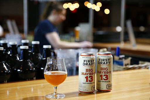 In this March 9, 2020, photo, Big Hayes-y IPA, a beer named in the honor of Philadelphia Flyers' Kevin Hayes, is seen at Yards Brewing Company, in Philadelphia.  (AP Photo/Matt Slocum)