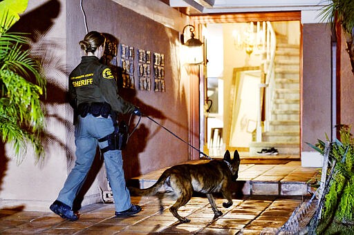 A law enforcement officer enters a house with her drug sniffing dog during an arrest of a suspected drug trafficker on Wednesday, March 11, 2020 in Diamond Bar, Calif. In early-morning raids Wednesday, federal agents fanned out across the U.S., culminating a six-month investigation with the primary goal of dismantling the upper echelon of the Jalisco New Generation Cartel, known as CJNG. (AP Photo/Richard Vogel)