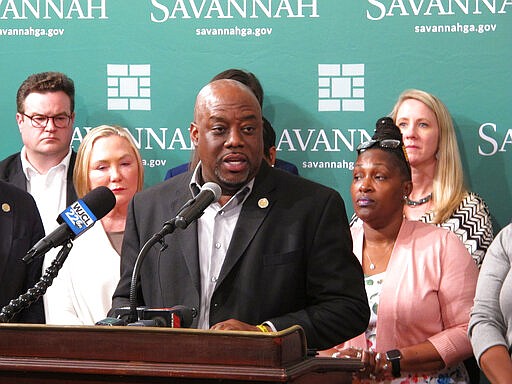 Mayor Van Johnson announces, Wednesday, March 11, 2020, in Savannah, Ga., that St. Patrick's Day celebrations in the city have been called off because of concerns involving the coronavirus. (AP Photo/Russ Bynum)