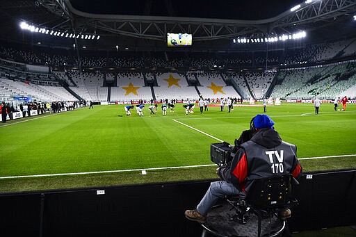 A view of the empty Juventus stadium, as a measure against coronavirus contagion, prior to the Serie A soccer match between Juventus and Inter, in Turin, Italy, Sunday, March 8, 2020. Serie A played on Sunday despite calls from Italy&#146;s sports minister and players&#146; association president to suspend the games in Italy&#146;s top soccer division. (Marco Alpozzi/LaPresse via AP)