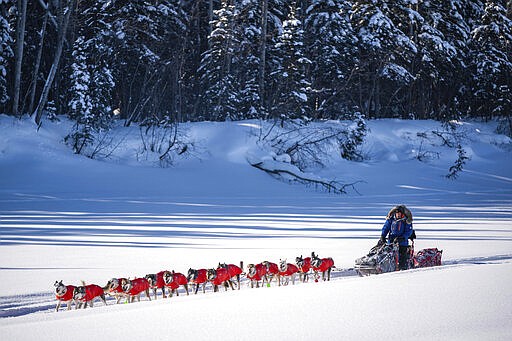 Mitch Seavey mushes into the Nikolai, Alaska, checkpoint Tuesday, March 10, 2020, during the Iditarod Trail Sled Dog Race. (Loren Holmes/Anchorage Daily News via AP)