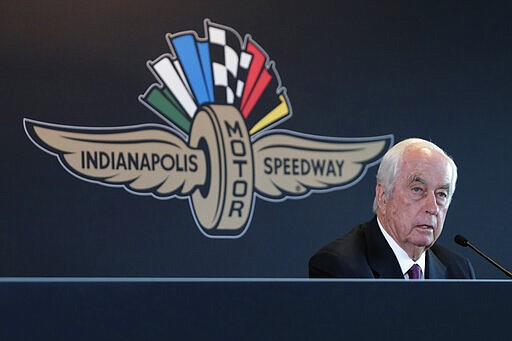 FILE - In this Monday, Nov. 4, 2019, file photo, Penske Corporation Chairman Roger Penske responds to a question during a press conference at Indianapolis Motor Speedway in Indianapolis. Penske, the winningest car owner in Indianapolis 500 history, in January completed the purchase of Indianapolis Motor Speedway and most of its assets, which includes the series considered one of the most competitive forms of racing in the world. Penske begins his run as owner of the league, the prestigious 500 and the landmark speedway armed with a three-car contingent that includes both defending IndyCar champion Josef Newgarden and defending Indy 500 winner Simon Pagenaud. (AP Photo/AJ Mast, File)