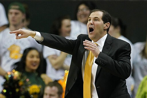 Baylor head coach Scott Drew directs his team against Texas Tech during the first half of an NCAA college basketball game in Waco, Texas, Monday, March 2, 2020. (AP Photo/Chuck Burton)