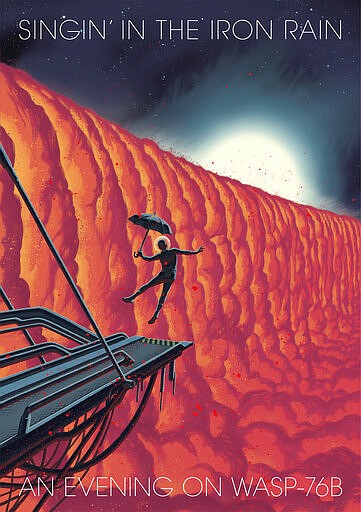 This image made available by the European Southern Observatory in March 2020 shows an illustration by graphic novelist Frederik Peeters titled "Singin' in the Iron Rain - An Evening on WASP-76b." On the hot, faraway planet, it's always cloudy with a chance of iron rain. That's the otherworldly forecast Wednesday, March 11, 2020 from Swiss and other European astronomers who have detected clouds full of iron droplets at a hot Jupiter-like world 390 light years away. (Frederik Peeters/ESO via AP)