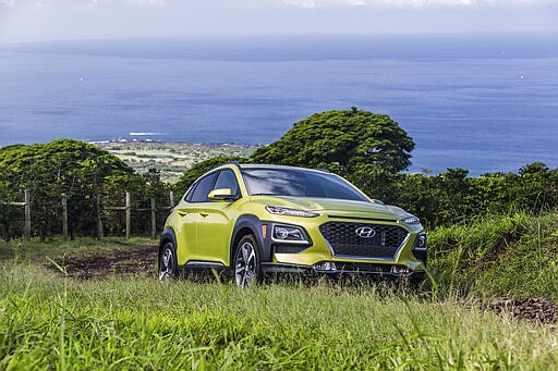 This photo provided by Hyundai shows the gasoline-powered Kona, a small SUV. (Courtesy of Hyundai Motor America via AP)