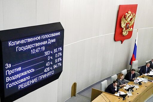 Russian lawmakers vote on a third reading of constitutional amendments at the State Duma, the Lower House of the Russian Parliament in Moscow, Russia, Wednesday, March 11, 2020. A vote on a third reading was a quick formality. A nationwide vote on the proposed amendments is set for April 22. (AP Photo/Pavel Golovkin)