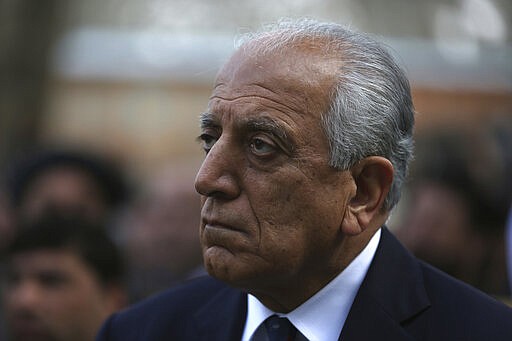 Washington's peace envoy Zalmay Khalilzad attends the inauguration ceremony for Afghan President Ashraf Ghani at the presidential palace in Kabul, Afghanistan, Monday, March 9, 2020. (AP Photo/Rahmat Gul)