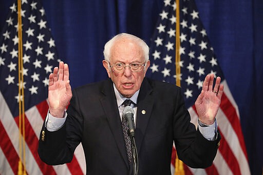 Democratic presidential candidate, Sen. Bernie Sanders, I-Vt., speaks to reporters on Wednesday, March 11, 2020, in Burlington, Vt. (AP Photo/Charles Krupa)