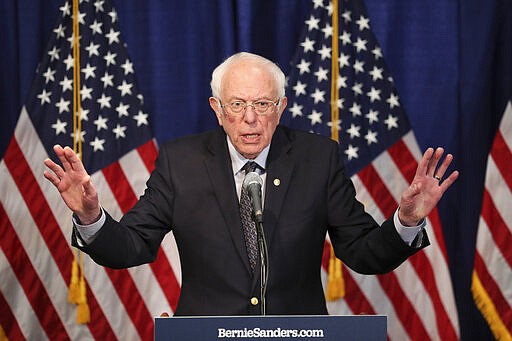 Democratic presidential candidate, Sen. Bernie Sanders, I-Vt., speaks to reporters on Wednesday, March 11, 2020, in Burlington, Vt. (AP Photo/Charles Krupa)