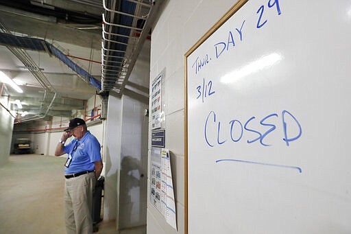 Hammond Stadium worker Paul Francis stands outside the Minnesota Twins' clubhouse after a game between the Twins and the Baltimore Orioles was canceled Thursday, March 12, 2020, in Fort Myers, Fla. Major League Baseball has suspended the rest of its spring training game schedule because of the coronavirus outbreak. MLB is also delaying the start of its regular season by at least two weeks. (AP Photo/Elise Amendola)